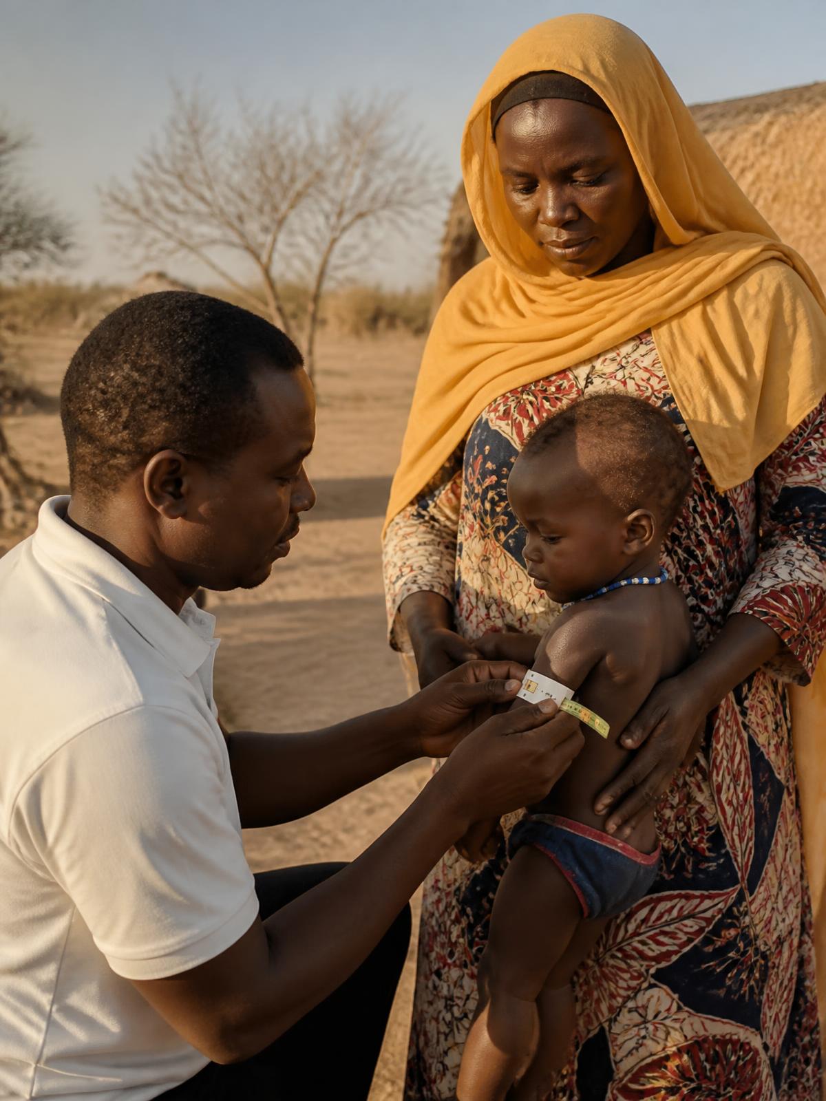 Agent de santé communautaire mesurant le périmètre brachial d'un enfant dans un village du Sahel tchadien